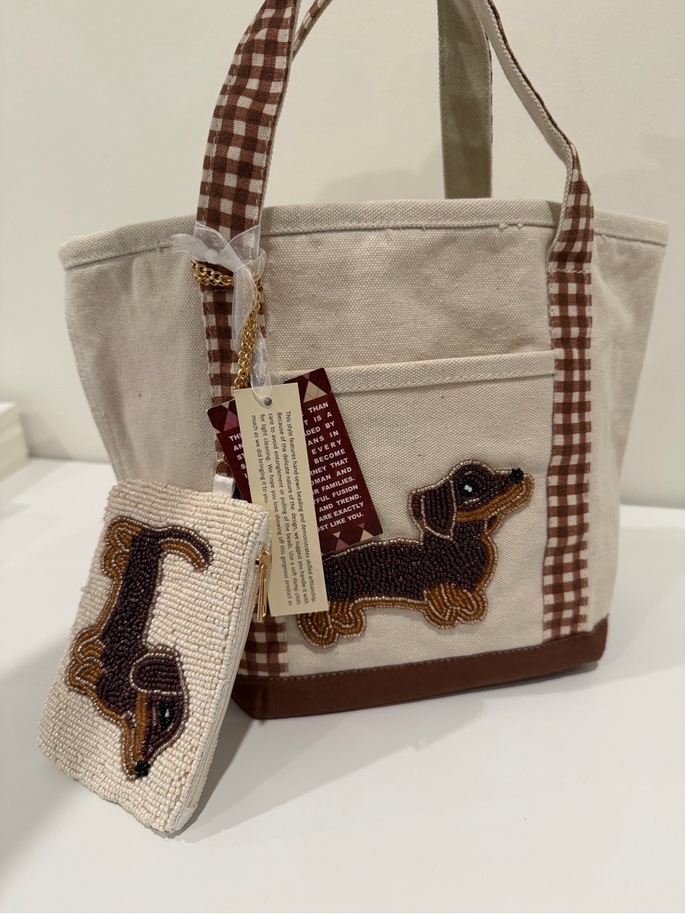 Beaded Dachshund Canvas Tote with Coin Pouch - Cream & Brown
